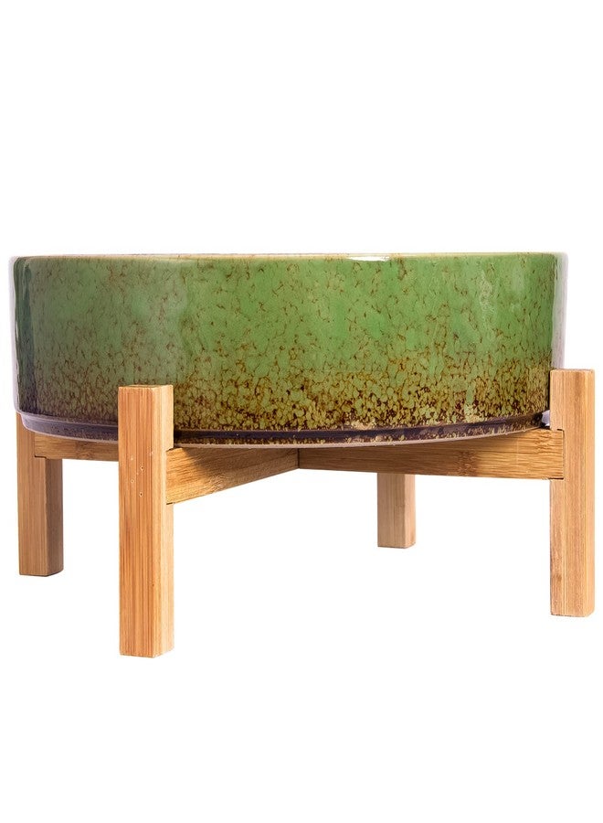 ARTKETTY Succulent Planters - 11 Inch Large Succulent Pots with Drainage, Ceramic Bonsai Pots with Bamboo Stand Shallow Planters for Indoor/Outdoor Plants Modern Cactus Flower Planter Bowl (Green) - Image 3